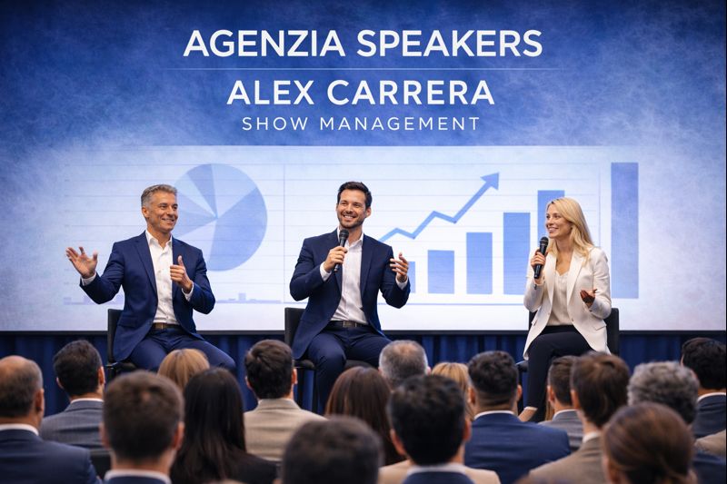 Speaker professionisti sul palco durante uno speech per eventi aziendali con pubblico numeroso e coinvolto