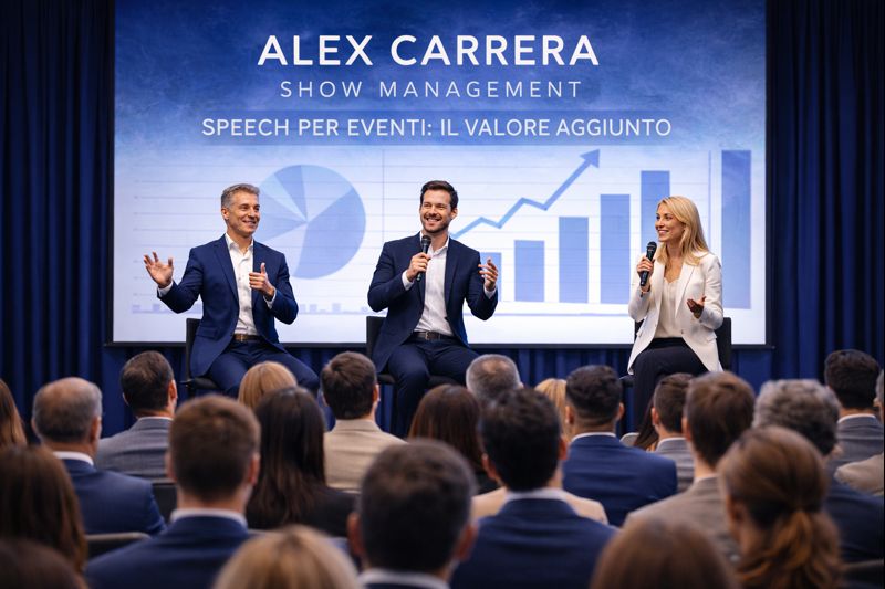 Speaker professionista sul palco durante uno speech per eventi aziendali con pubblico numeroso e coinvolto