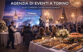 Agenzia di eventi a Torino organizza una serata di gala aziendale con speaker, allestimento scenografico e catering
