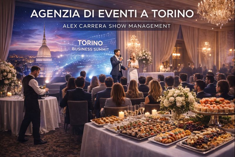 Agenzia di eventi a Torino organizza una serata di gala aziendale con speaker, allestimento scenografico e catering