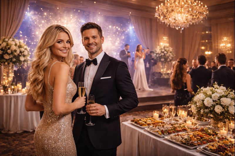Evento di lusso con ospiti eleganti, serata di gala esclusiva con catering raffinato e intrattenimento dal vivo