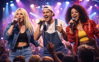 Cantanti anni ’90 in concerto dal vivo durante un evento musicale, con pubblico coinvolto e atmosfera pop, proposti da un’agenzia di spettacolo