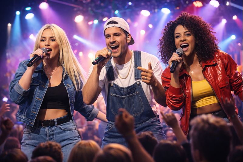 Cantanti anni ’90 in concerto dal vivo durante un evento musicale, con pubblico coinvolto e atmosfera pop, proposti da un’agenzia di spettacolo